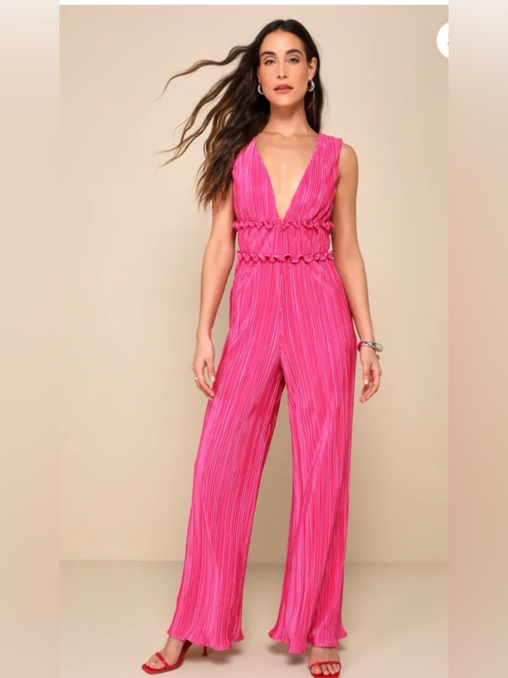 Lulu's Vibrant Pink Plissé Deep V Sleeveless Jumpsuit